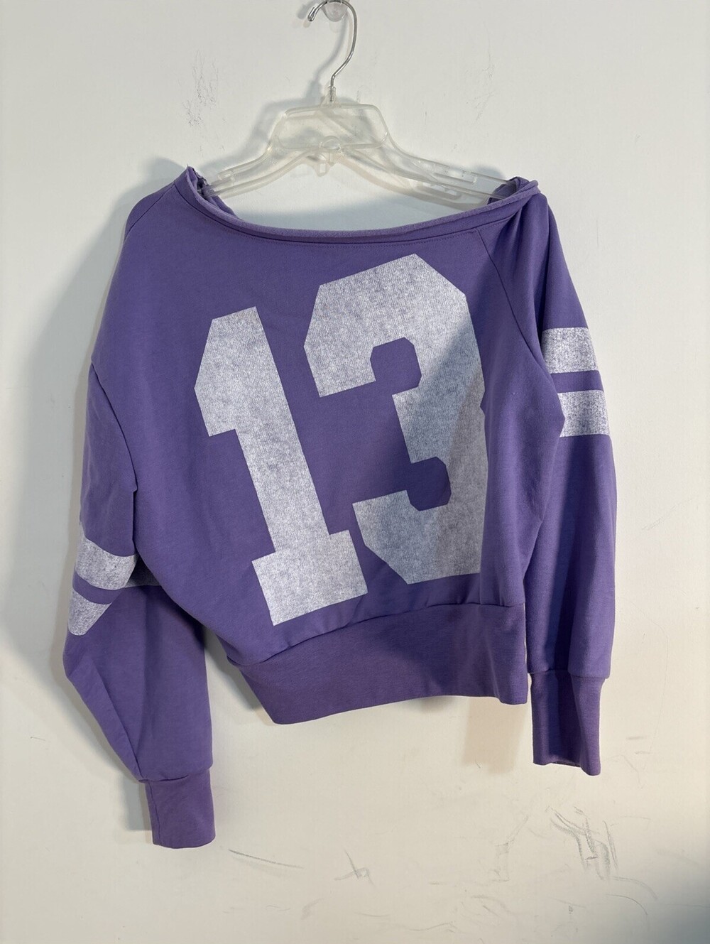 Women's Off-Shoulder Cropped Sweatshirt Purple Varsity Graphic 13 XS EUC